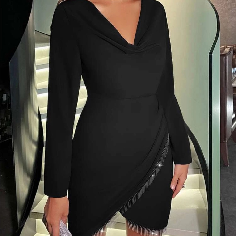 SHEIN BAE Draped Collar Fringe Wrap Hem Dress size medium - Picture 3 of 10